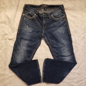 Silver women's distressed boot cut mid rise jeans sz14/L30